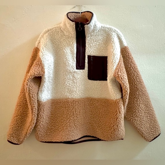 Lou & Grey Sweaters - Lou & Grey 1/2 Zip Colorblock Sherpa Sweatshirt – Dusty Pink/White, Size Small